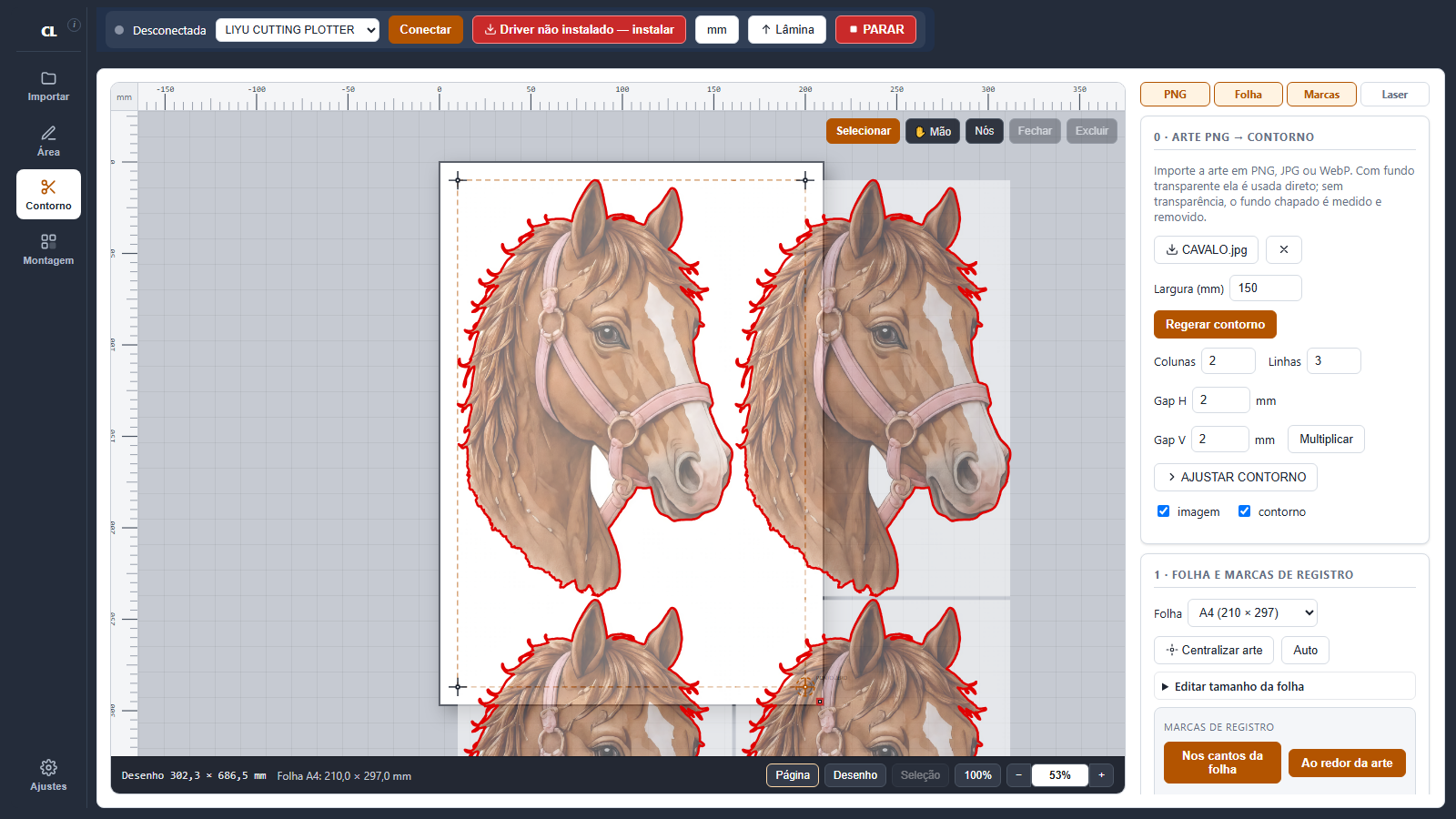Multiplicação 2×3 do cavalo (JPG com fundo branco) — o programa remove o fundo, desenha o contorno e multiplica na folha com marcas de registro